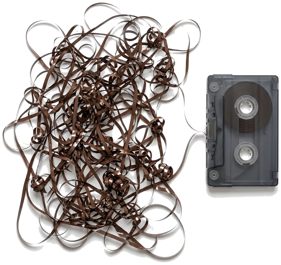 The same cassette's tape, pulled out and tangled into a single knotted mess