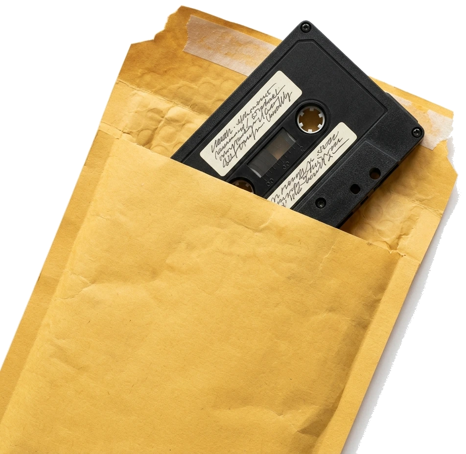 A cassette tape sliding out of a yellow padded mailer