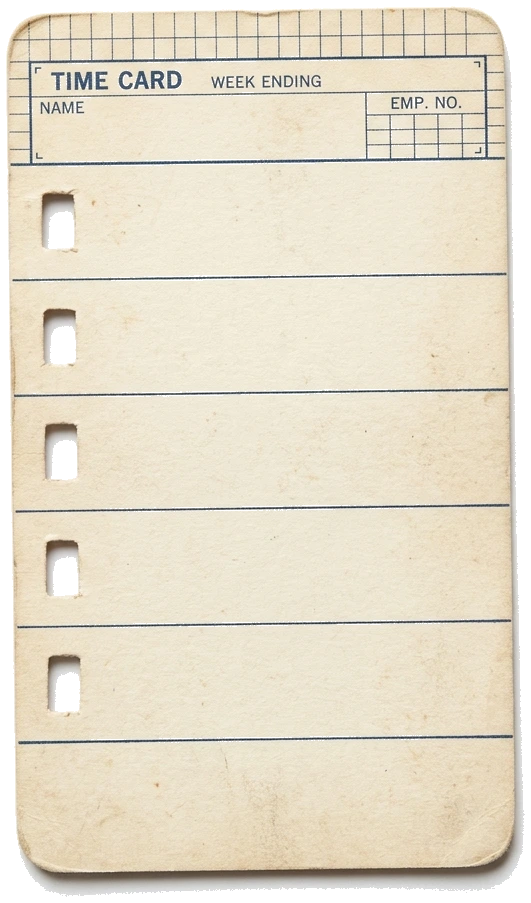 An 80s employee time punch card, five rows punched, the sixth left blank